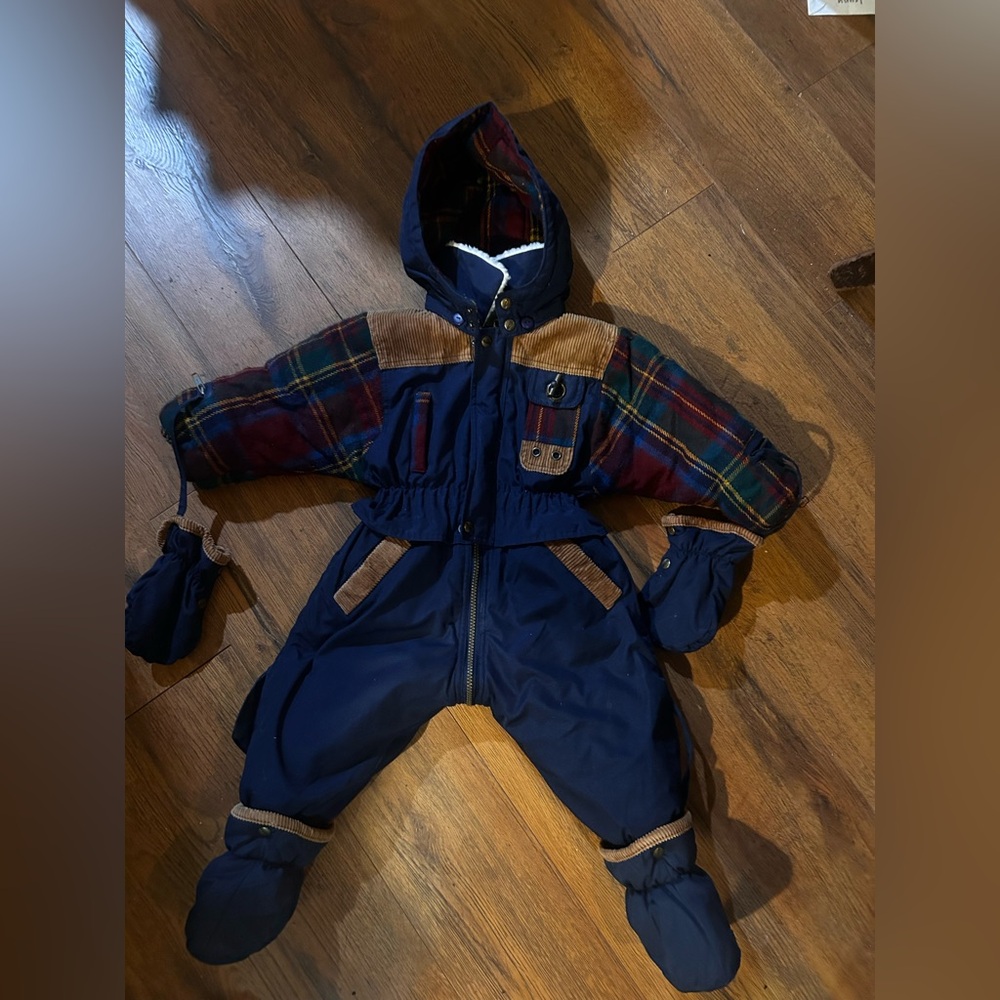 Adorable Vintage BoysLondon Fog Navy and Plaid Kids Snowsuit (18m)